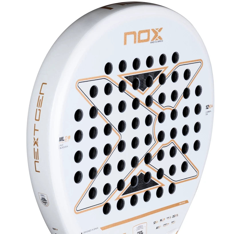 NOX NEXTGEN PRO HYBRID 12K 2026 tennis racket showing the frame and strings in a close-up view