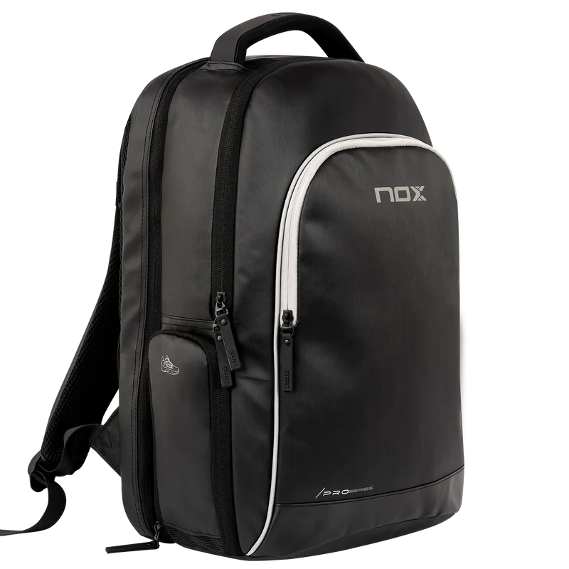 Black NOX Padel Backpack Pro Series 28L with multiple compartments and padded straps for sports and outdoor activities.