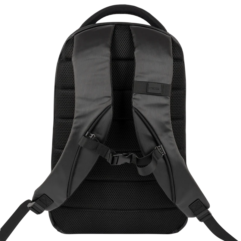 Nox Padel Backpack Pro Series 28L in black, featuring multiple compartments and padded shoulder straps for sports and travel.