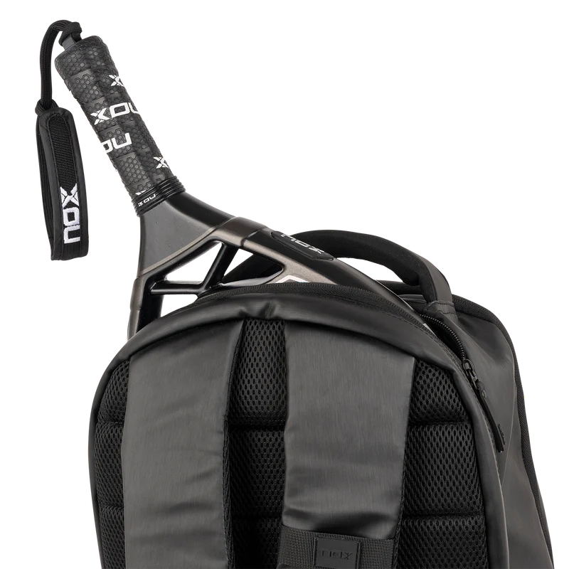Black NOX Padel Backpack Pro Series 28L with multiple compartments and padded straps, designed for padel players.