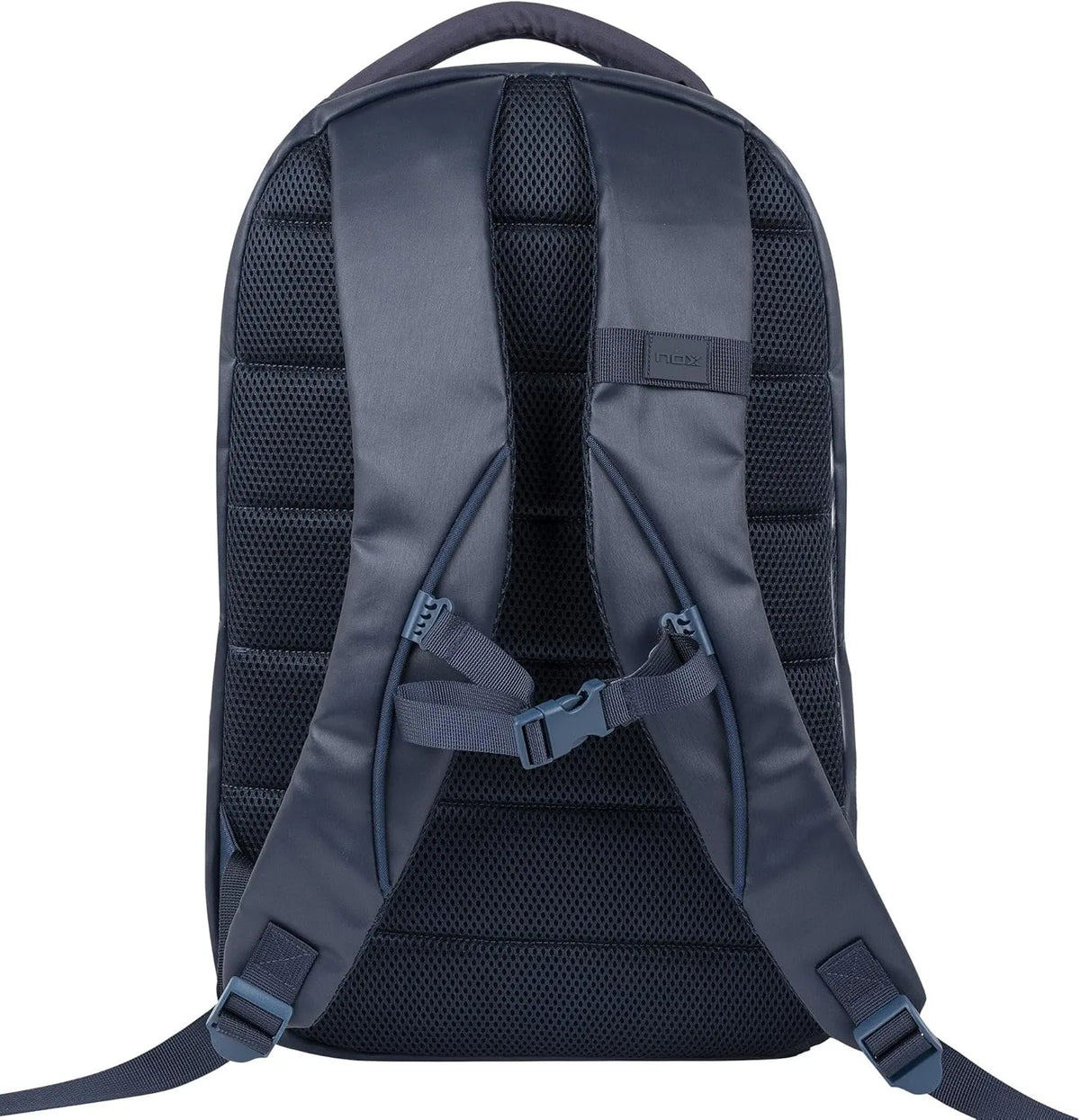 Blue NOX Padel Backpack Pro Series 28L with multiple compartments and padded straps for comfortable carrying of sports gear.