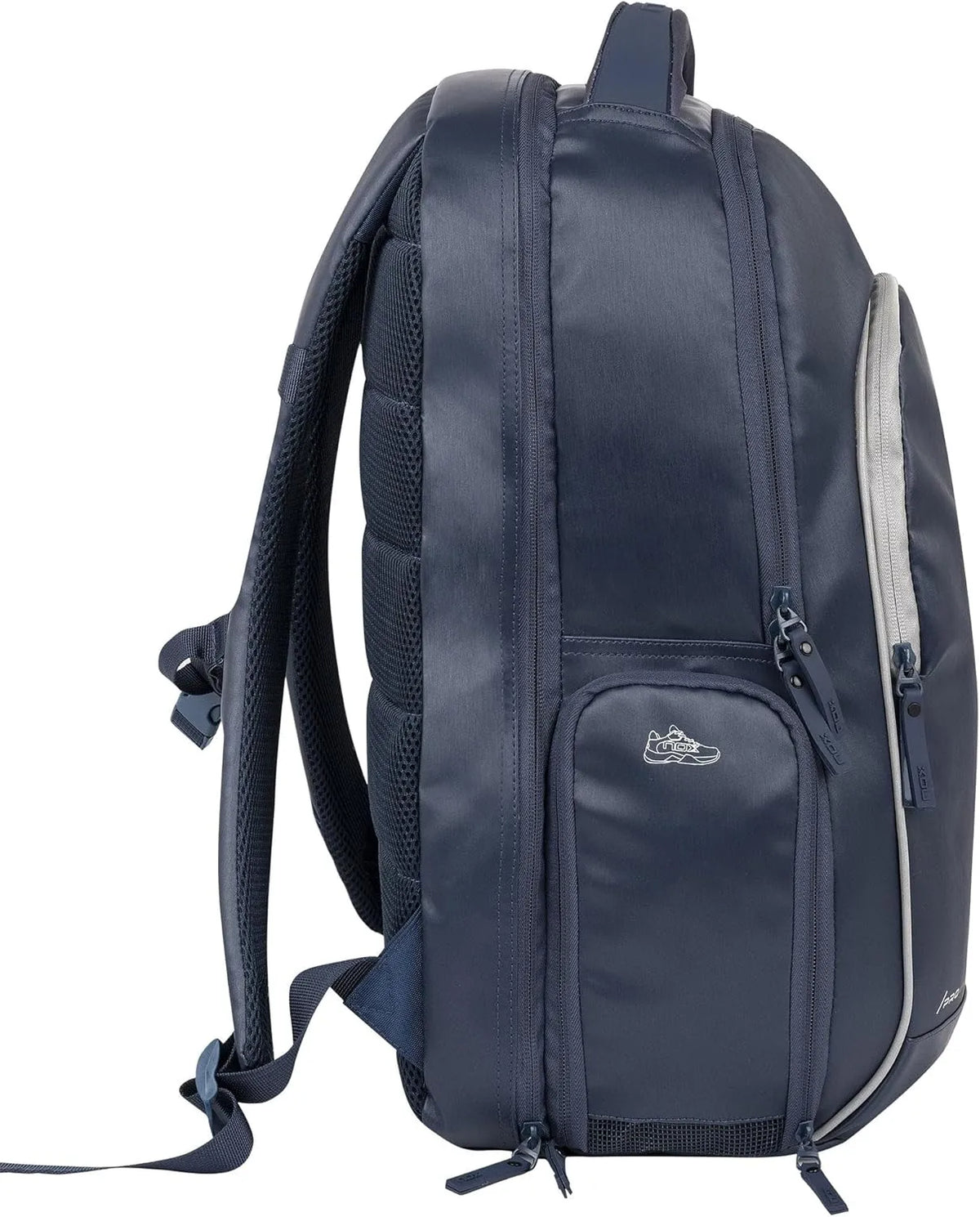 Blue NOX Padel Backpack Pro Series 28L with multiple compartments and padded straps, designed for sports and outdoor use.