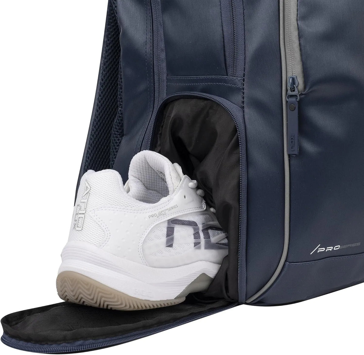 Blue NOX Padel Backpack Pro Series 28L with multiple compartments and padded shoulder straps, designed for sports and active use.