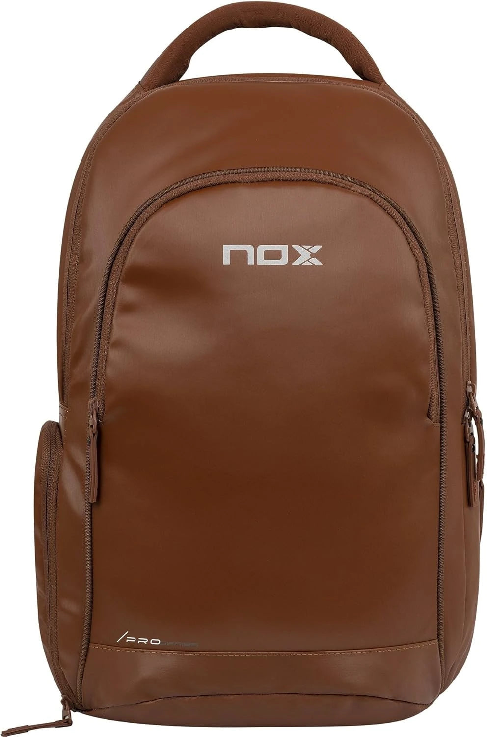 Camel brown NOX Padel Backpack from the Pro Series, 28L capacity, showing a stylish sports backpack with multiple compartments.