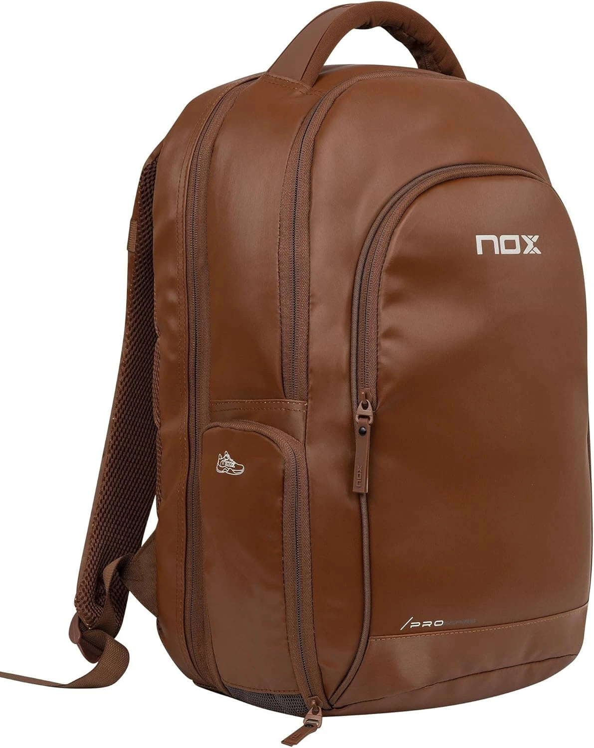 Camel brown NOX Padel Backpack Pro Series 28L with multiple compartments, designed for padel players and sports gear.