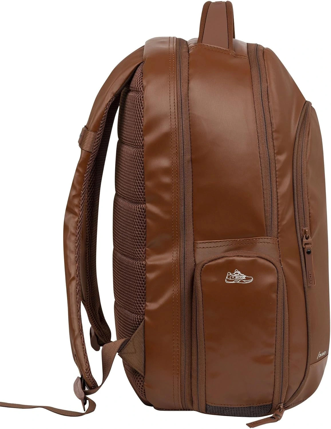 Camel brown NOX Padel Backpack Pro Series 28L with multiple compartments and padded straps for comfortable carrying.