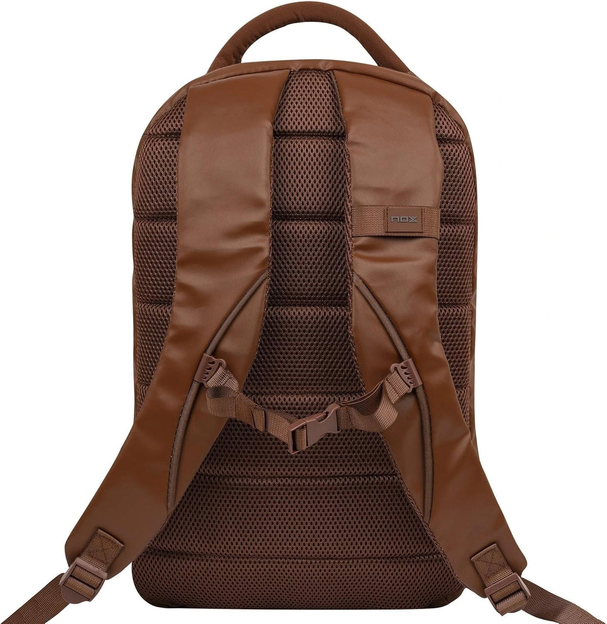 Camel brown NOX Padel Backpack Pro Series 28L with multiple compartments and padded shoulder straps for comfortable carrying
