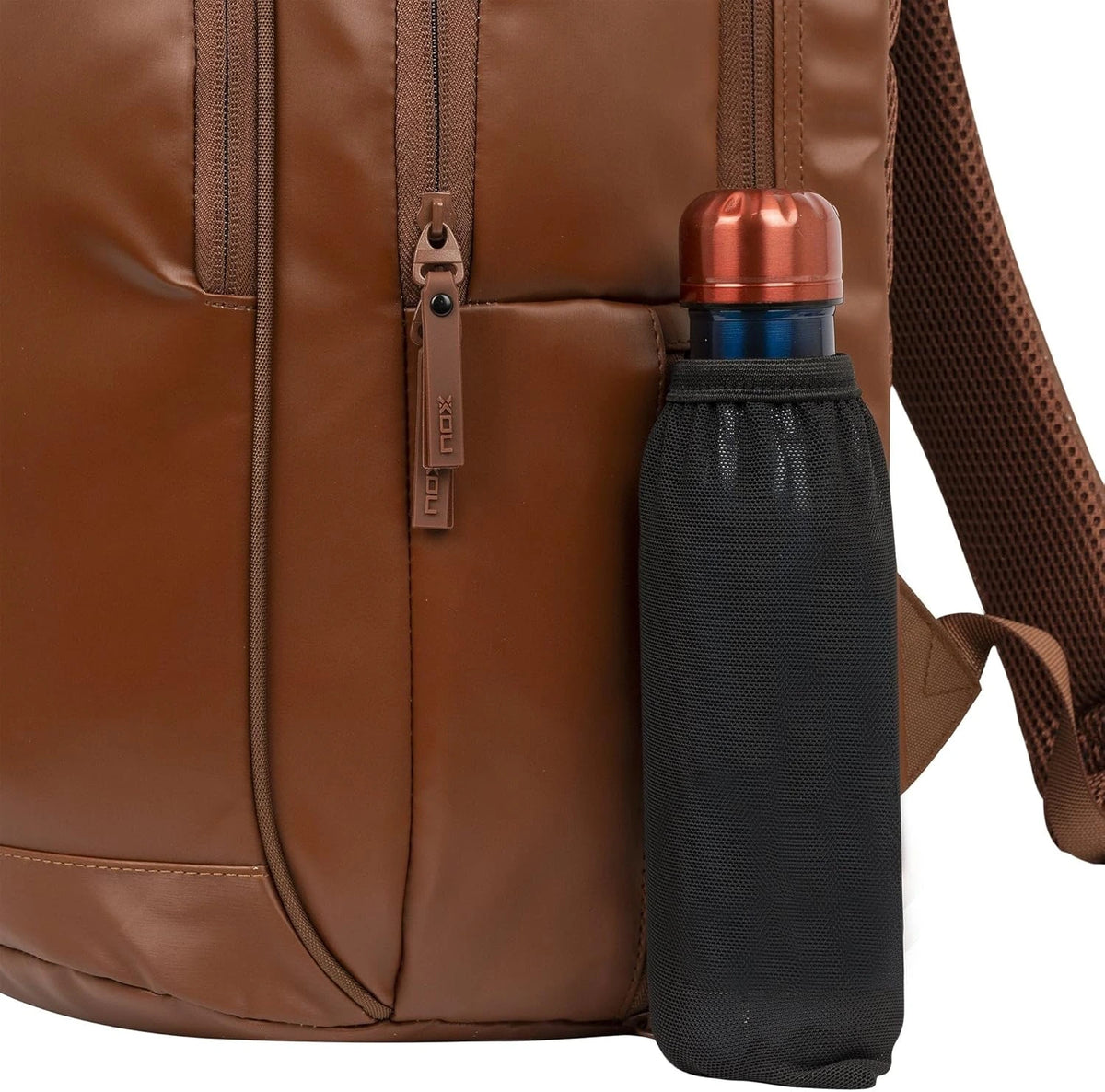 Camel brown NOX Padel Backpack Pro Series 28L with multiple compartments and padded straps for sports and outdoor use.