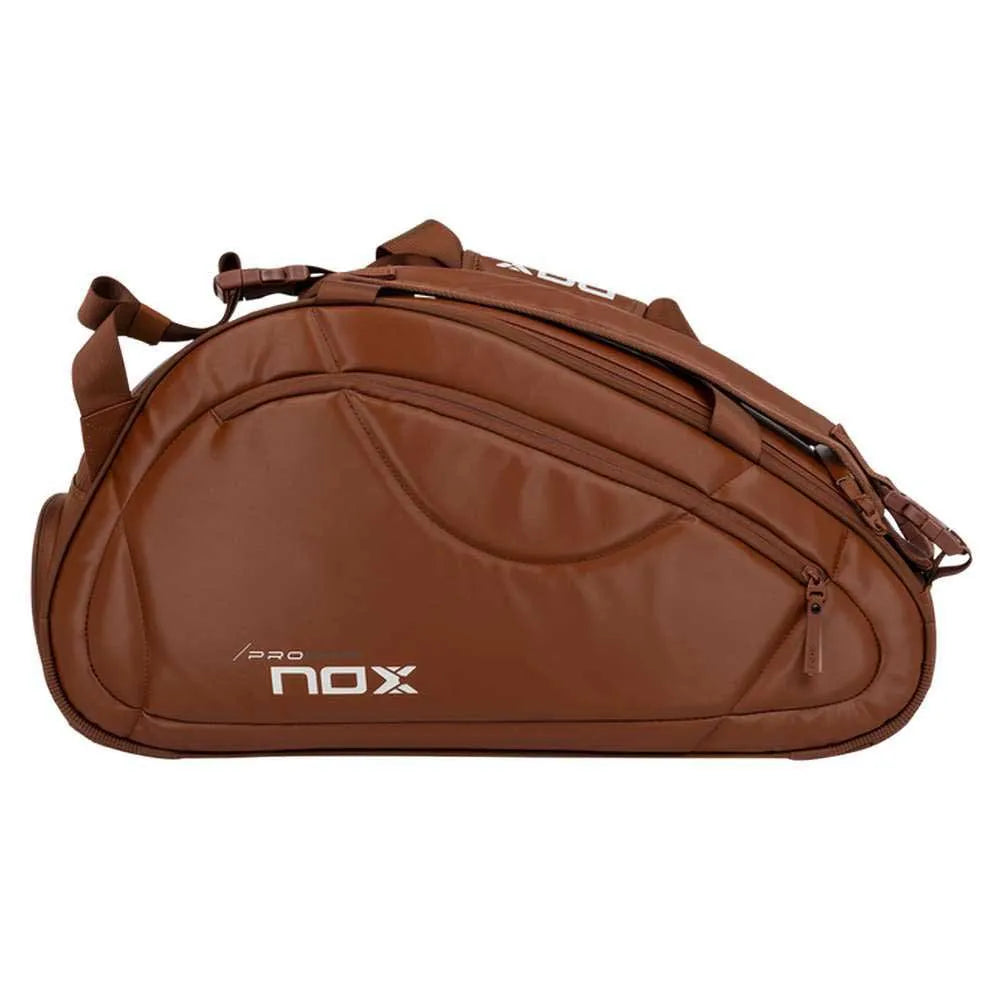 Large NOX Pro Series racket bag in brown camel color, featuring multiple compartments for sports gear and accessories.