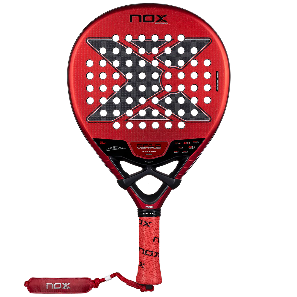 Nox EA10 Ventus Hybrid 12K Xtrem padel racket with black and yellow design, showing the racket's face and handle.