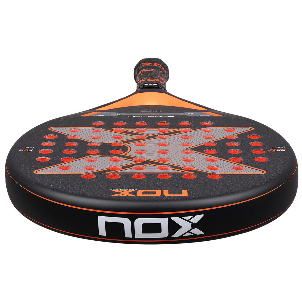 Nox Equation Hard Advanced 2026 padel racket with black and yellow design, featuring a lightweight frame and textured hitting surface.