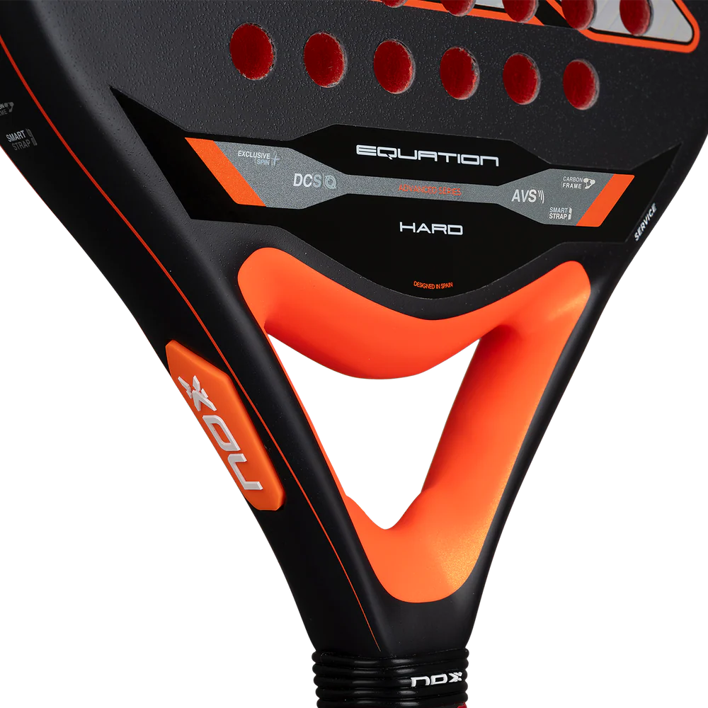 Nox Equation Hard Advanced 2026 padel racket with a sleek black and blue design, featuring a lightweight frame and grip for powerful play.