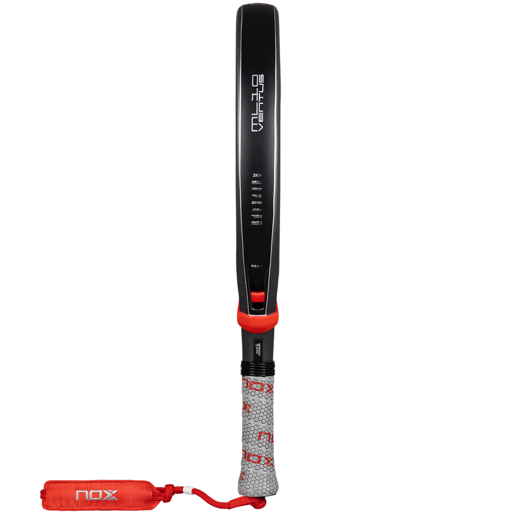 Nox ML10 Ventus Control 3K padel racket with a sleek black and green design, showing the racket's face and handle.