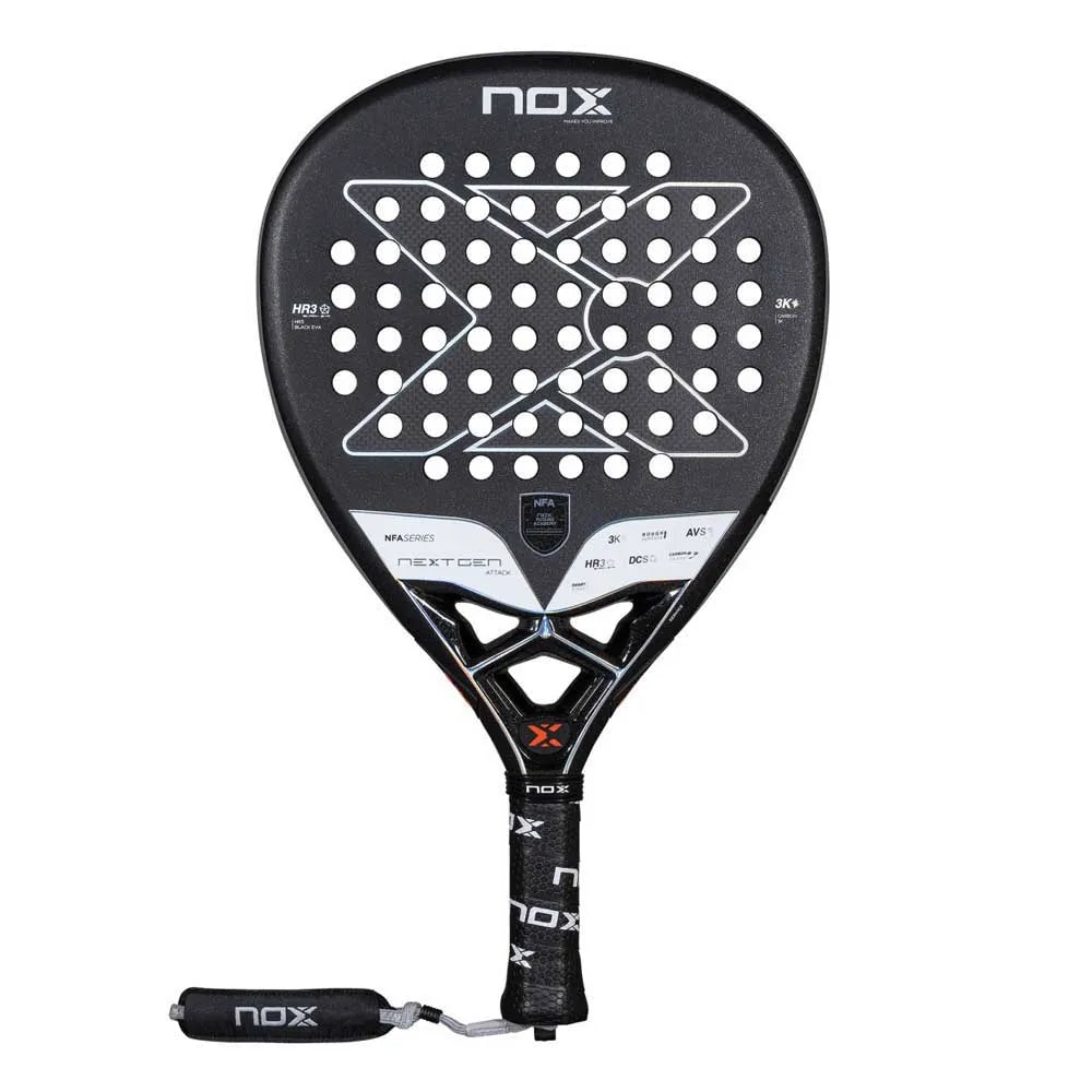 Nox NextGen Pro Attack 3K padel racket with black and red design, featuring a lightweight frame and textured hitting surface.