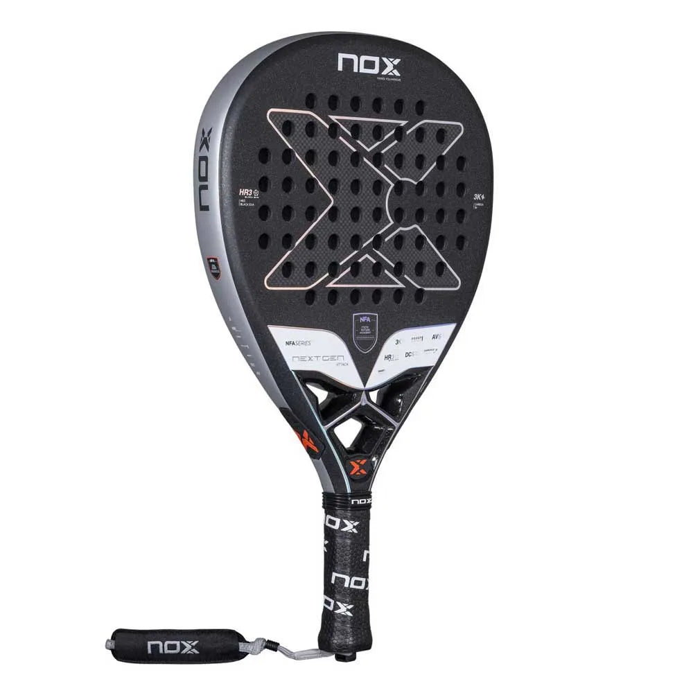 Nox NextGen Pro Attack 3K padel racket with black and white design, tennis grip, and lightweight frame for powerful play