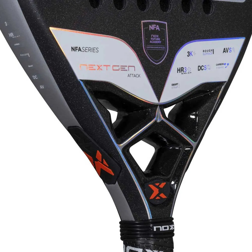 Nox NextGen Pro Attack 3K Padel Racket with black and blue design, lightweight frame, and textured surface for powerful play