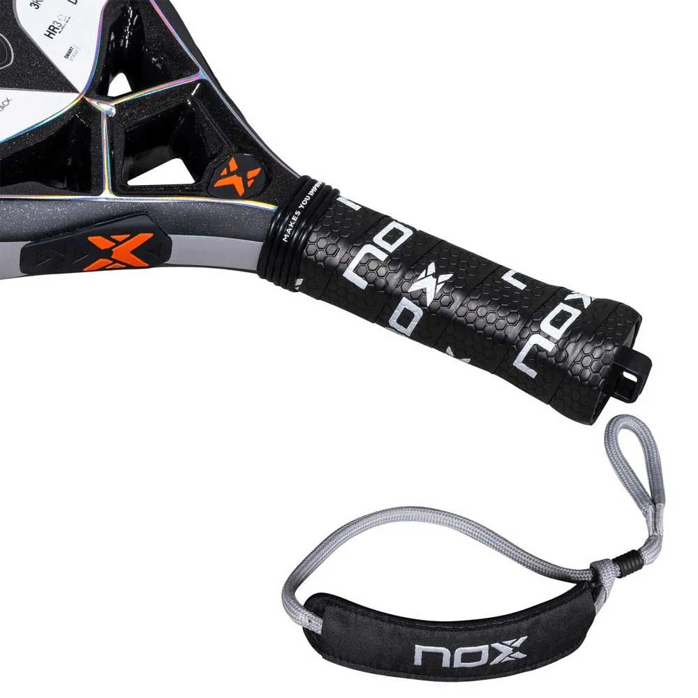 Nox NextGen Pro Attack 3K padel racket with black and blue design, featuring a lightweight frame and textured surface for optimal control.