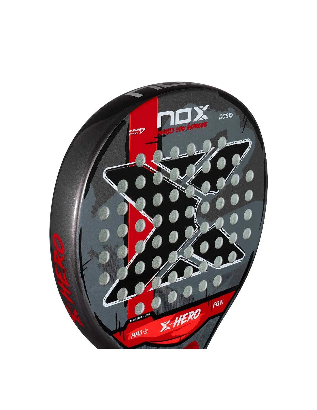 Red NOX X-Hero padel racket by PDLSport, featuring a lightweight design and ergonomic grip for optimal performance.