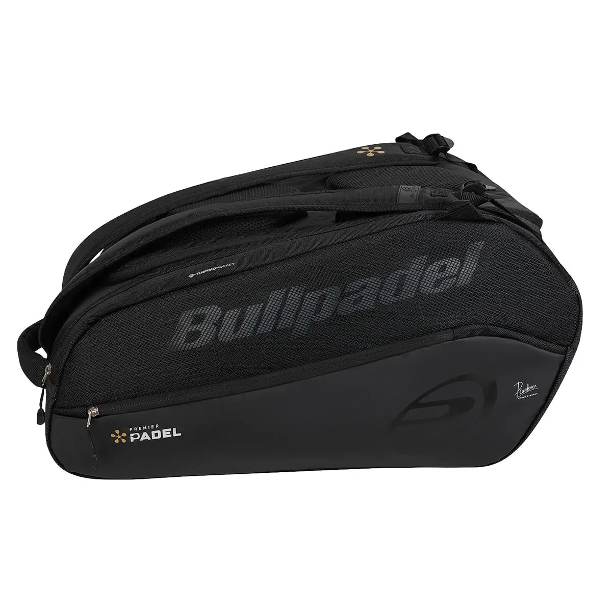 Bullpadel Vertex Geo Premier padel bag in black with multiple compartments and padded straps for easy carrying.