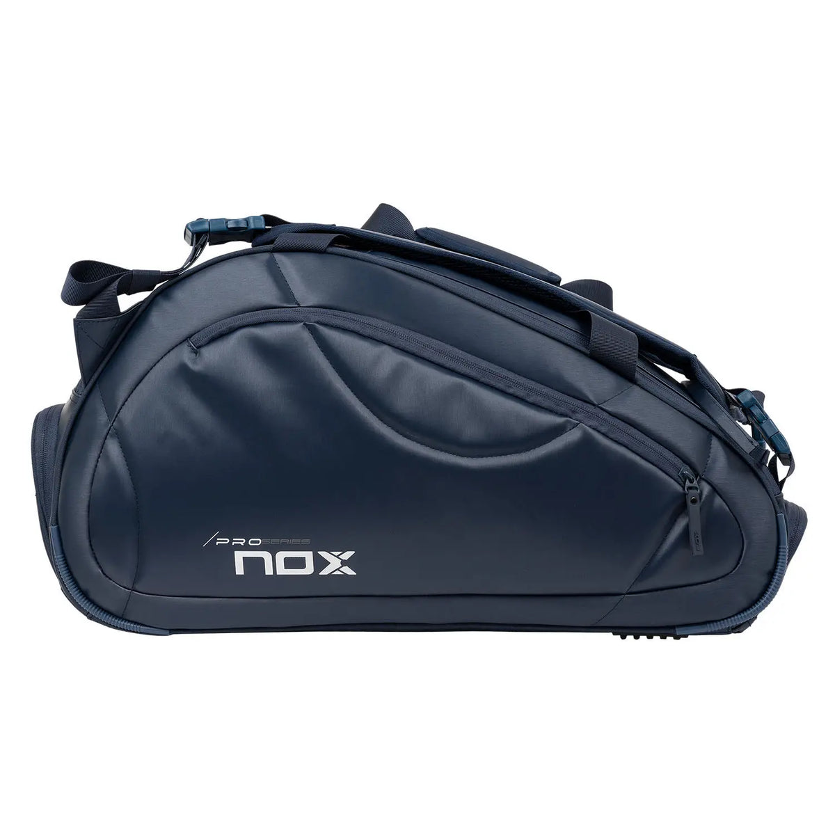 Blue Nox Pro Series 38L padel bag with multiple compartments and padded straps, designed for carrying padel rackets and accessories.