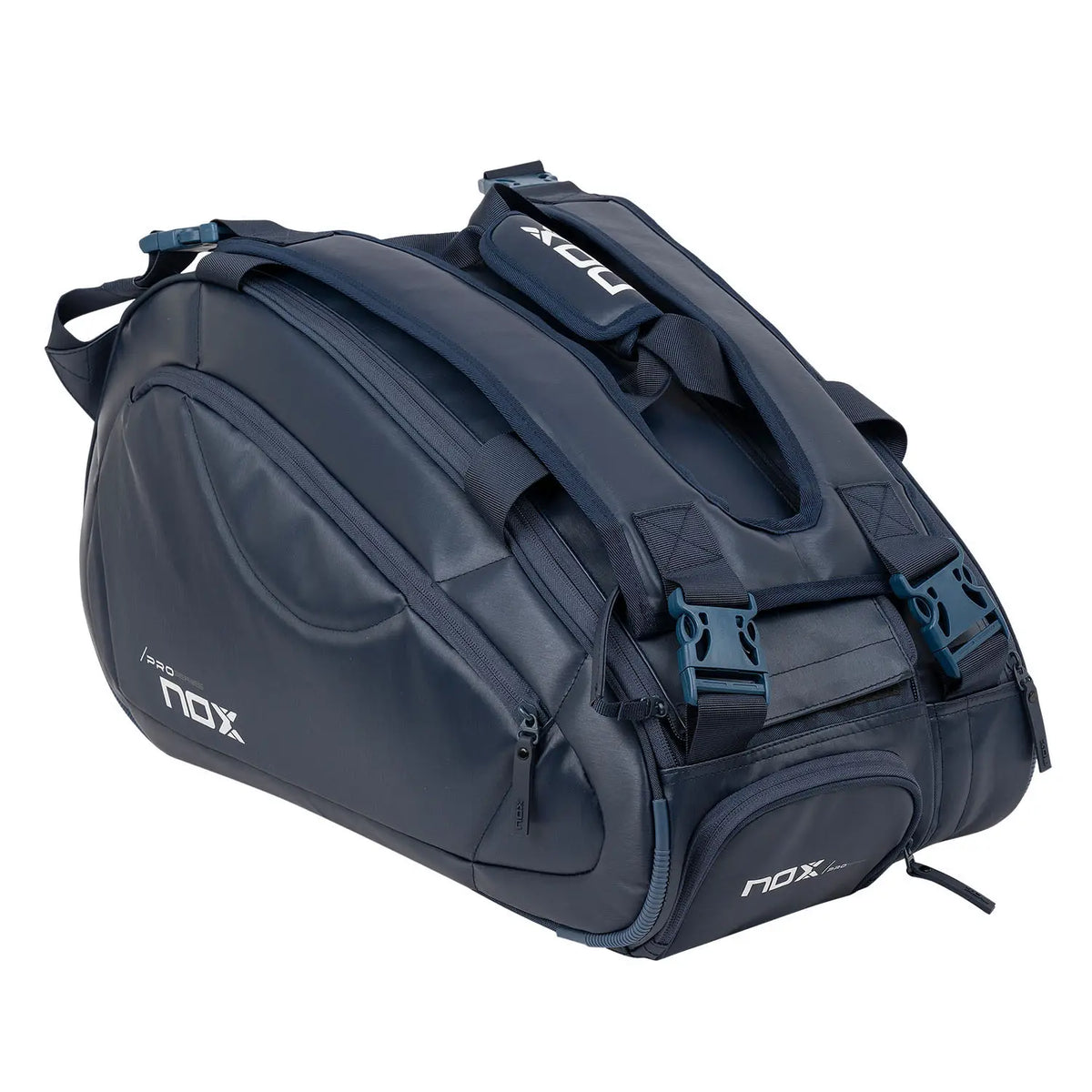 Blue Nox Pro Series 38L padel bag with multiple compartments and padded straps, designed for carrying padel rackets and gear.