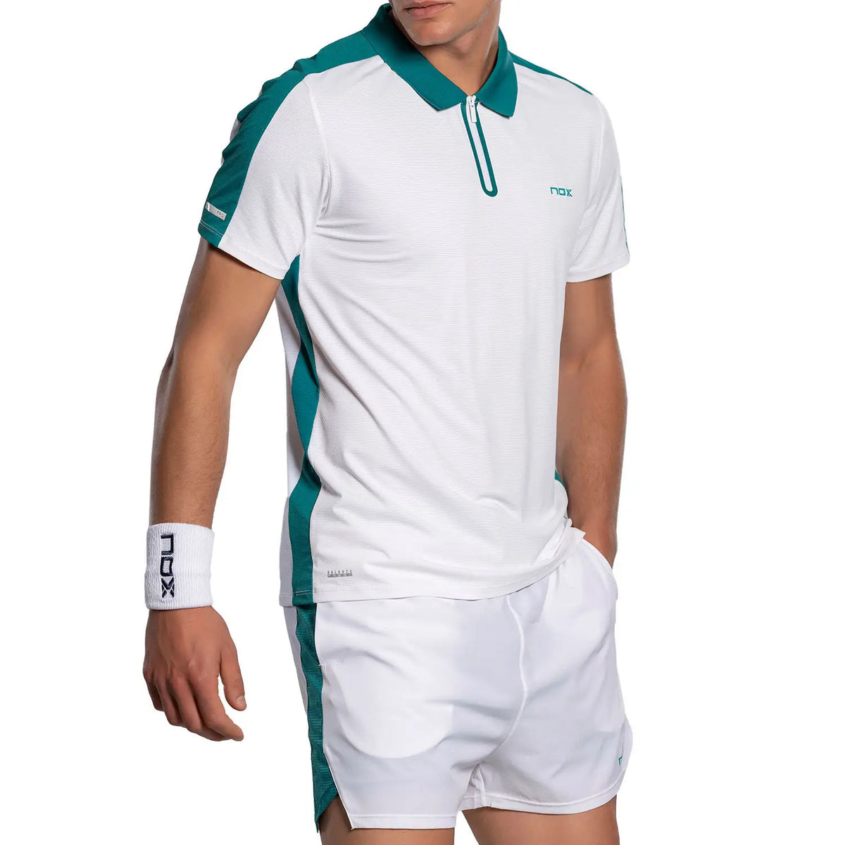 White and ivy green POLO NOX PRO padel polo shirt by PDLSport, featuring a classic design and breathable fabric.