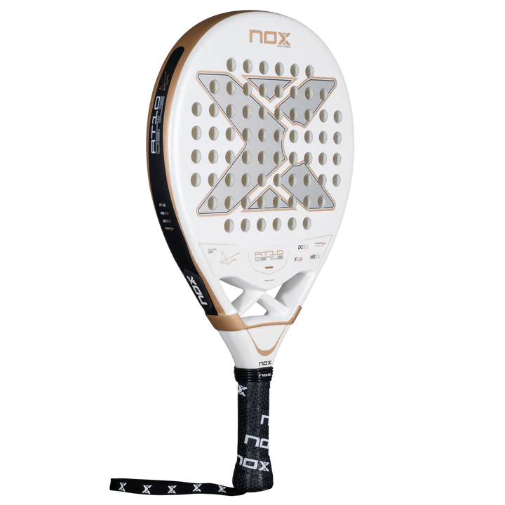 Nox Agustin Tapia AT10 Genius Junior 2026 padel racket with black and blue design, featuring graphite construction and ergonomic grip.