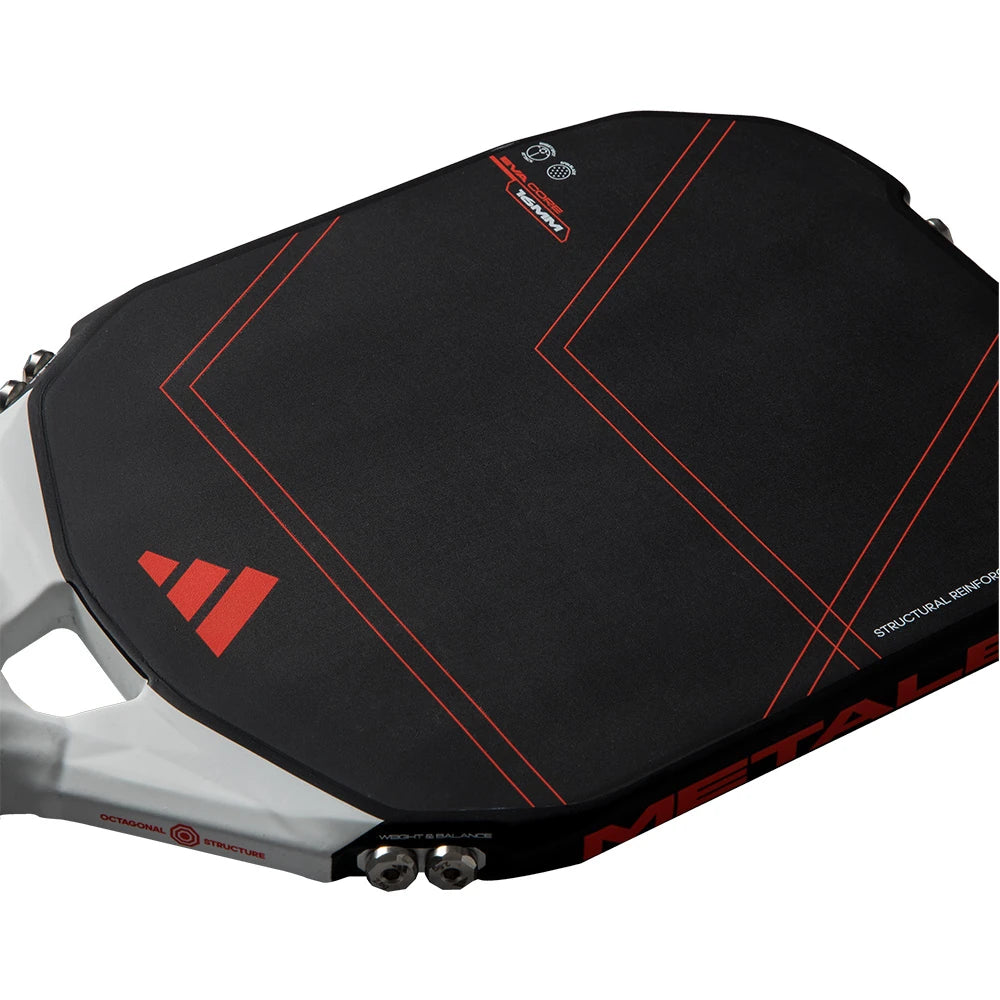 Adidas Metalbone LP S pickleball paddle with a sleek black and white design, featuring the Adidas logo and ergonomic grip.