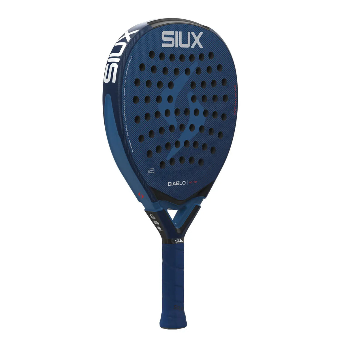 SIUX Diablo Elite 6 padel racket with black and red design, featuring a sleek frame and perforated hitting surface for optimal control.
