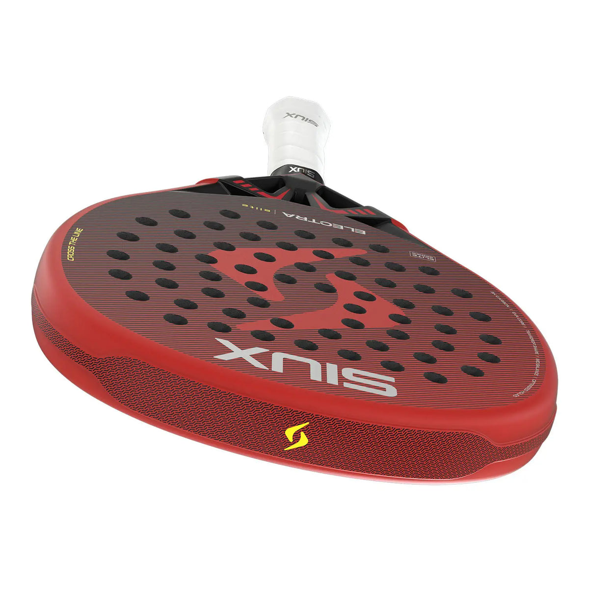 SIUX Electra Elite 6 padel racket by PDLSport showing a black and yellow design with a rounded shape and textured surface.
