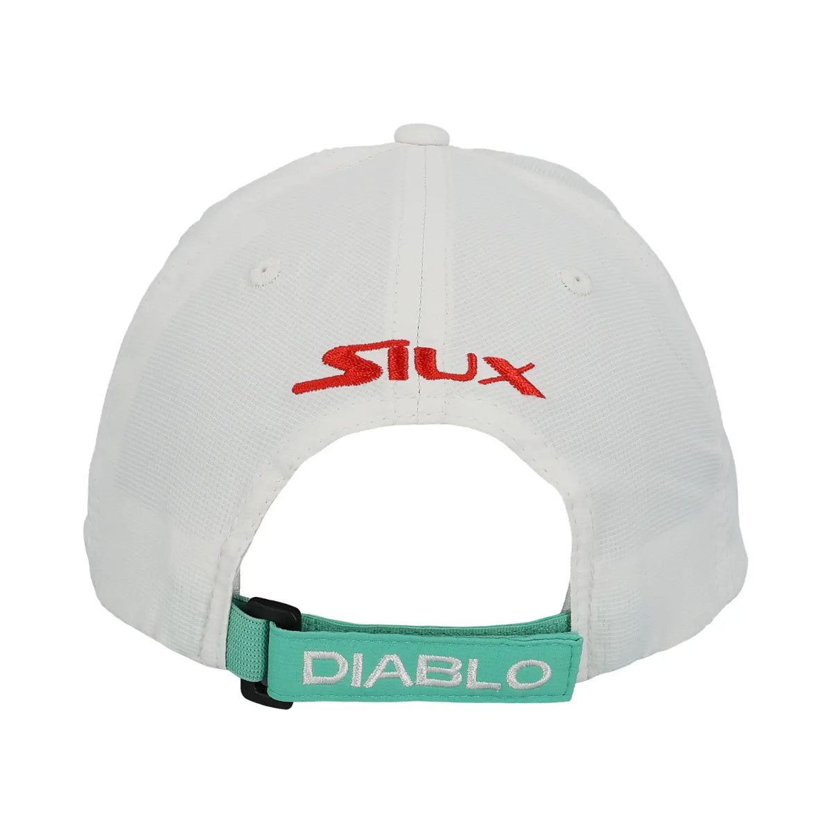 White Siux Diablo Sanyo padel tennis sports cap with curved brim and adjustable strap, lightweight and breathable for active wear.