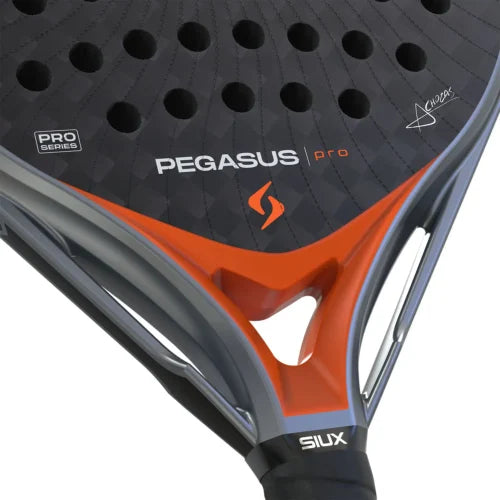 Siux Pegasus Pro 2026 Lava Orange padel racket with orange and black design, lightweight frame, and textured surface for enhanced grip.