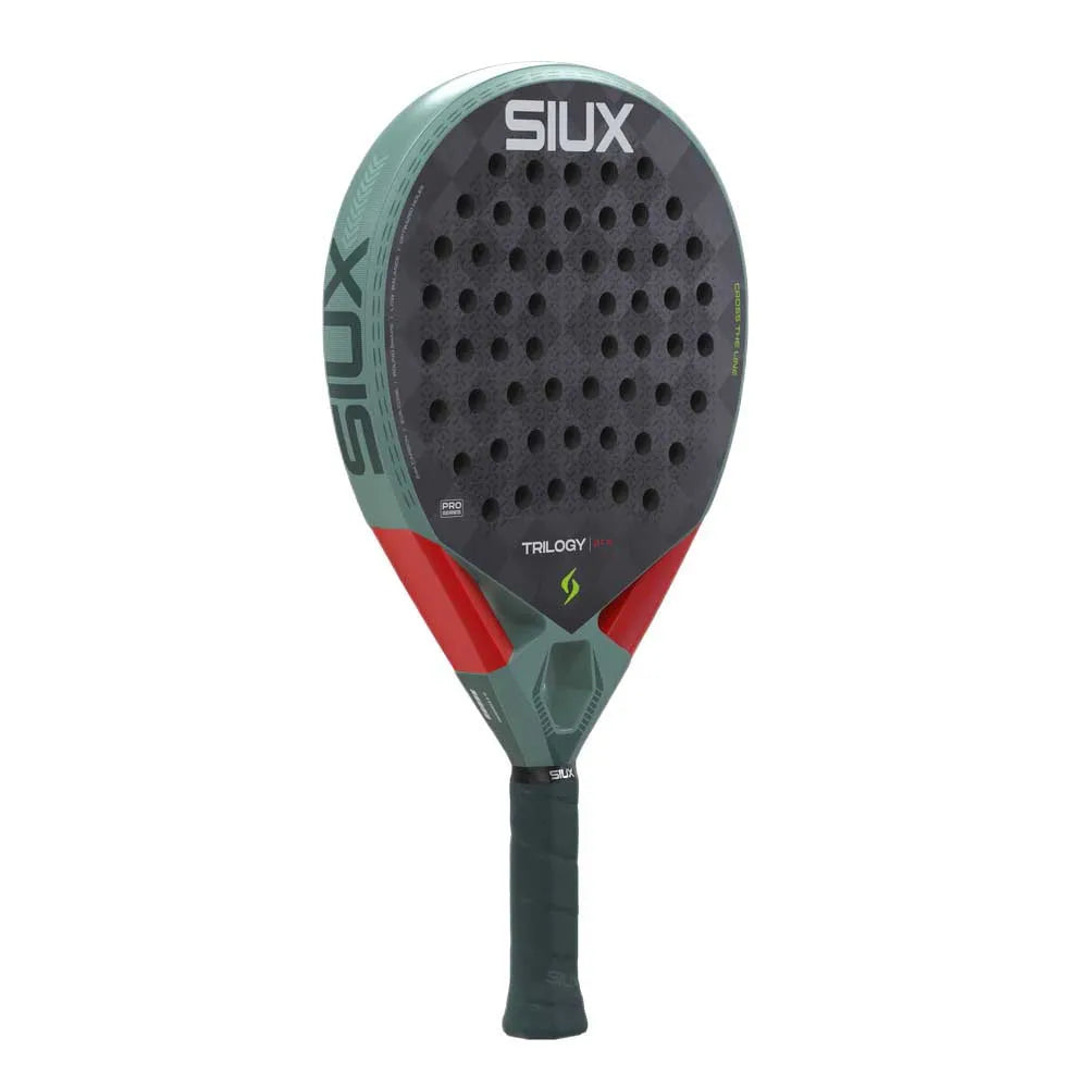 Siux Trilogy Pro 2026 Ash Green padel racket with black grip and frame, showcasing its sleek design and textured hitting surface.