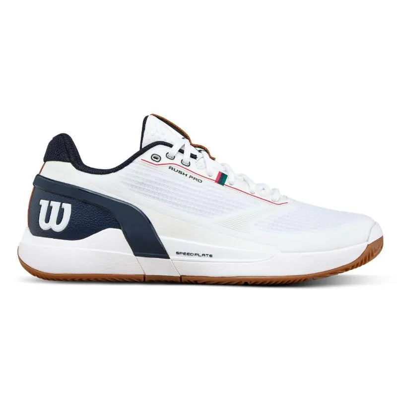 Wilson Rush Pro 5 Clay court shoes in white, navy blue, and blue for men, designed for optimal performance on clay tennis courts.