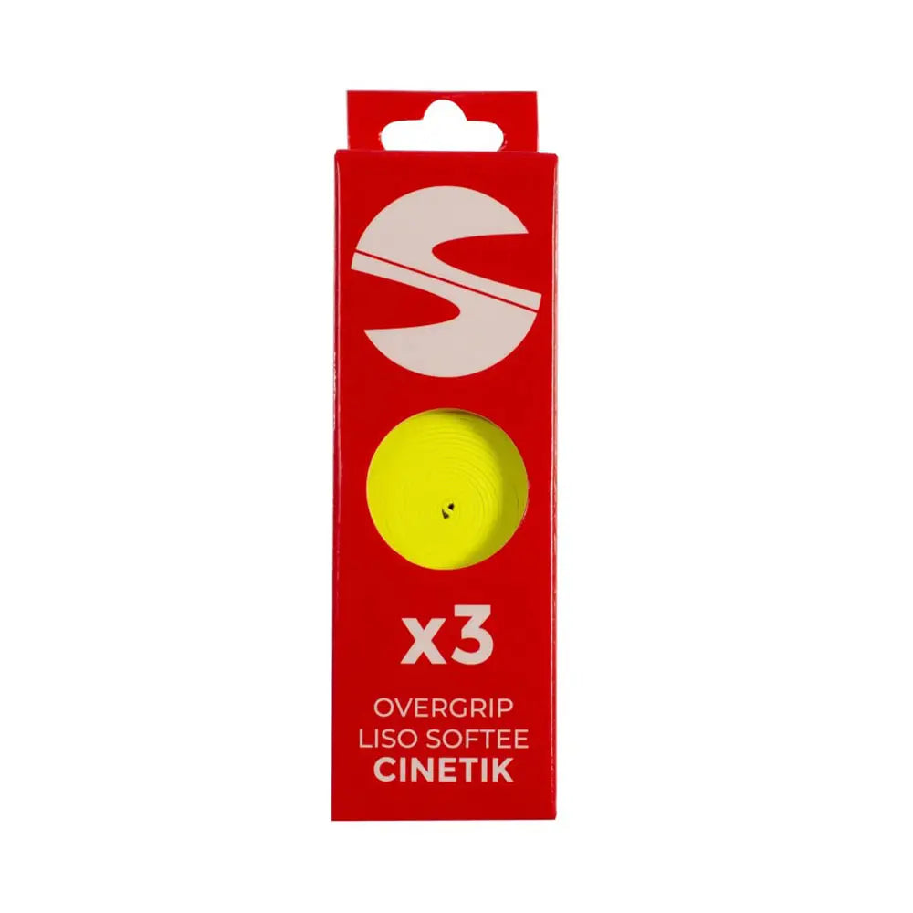 Softee Cinetik yellow tennis overgrips in a 3-pack, showing bright yellow grips with textured surface for added grip.