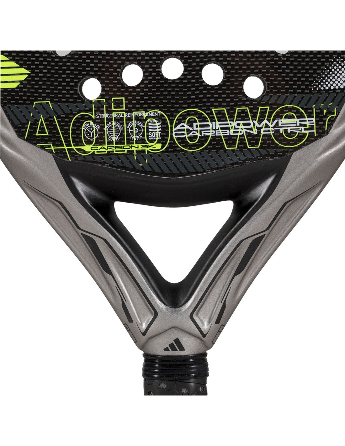Adidas Adipower Carbon Ctrl padel racket with black and yellow design, featuring a carbon fiber surface and ergonomic handle.