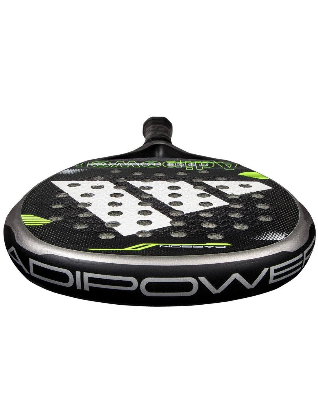 Adidas Adipower Carbon Ctrl padel racket with black and white design, featuring carbon fiber surface and ergonomic handle.