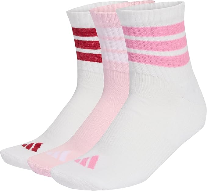 Adidas 3 Stripes Cushioned Mid Cut Ladies Socks - White | Pink | Maroon