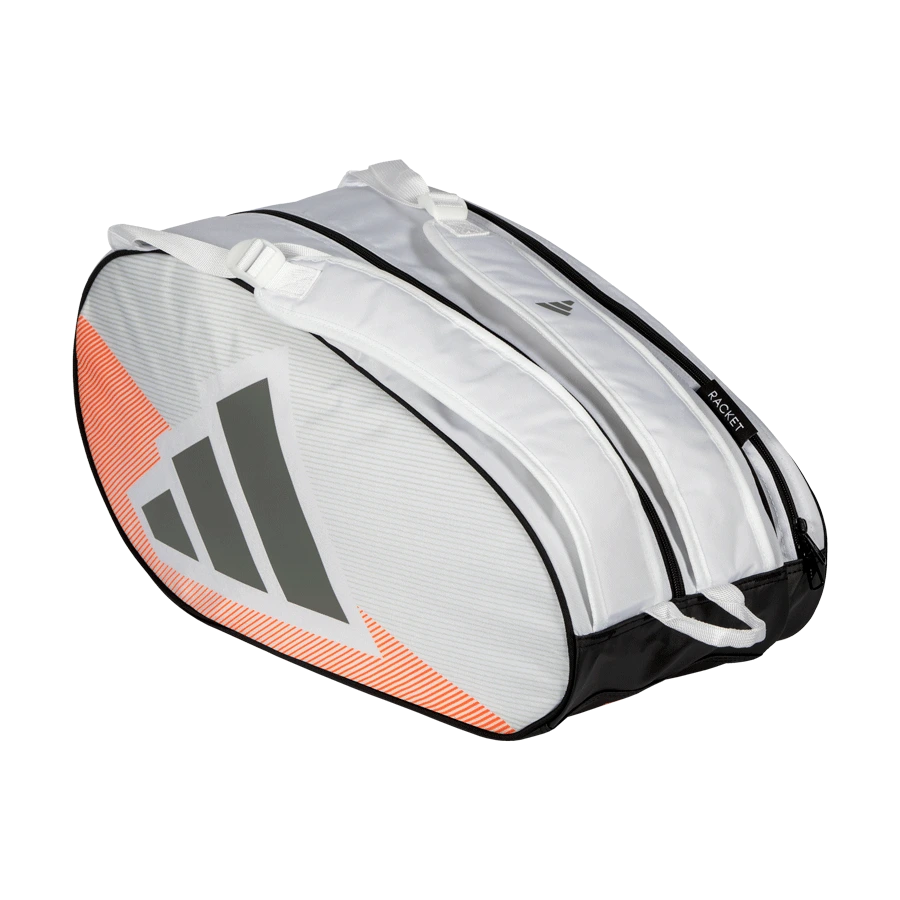 White Adidas Control 2026 Padel Bag with multiple compartments and adjustable straps, designed for sporty style and functionality.