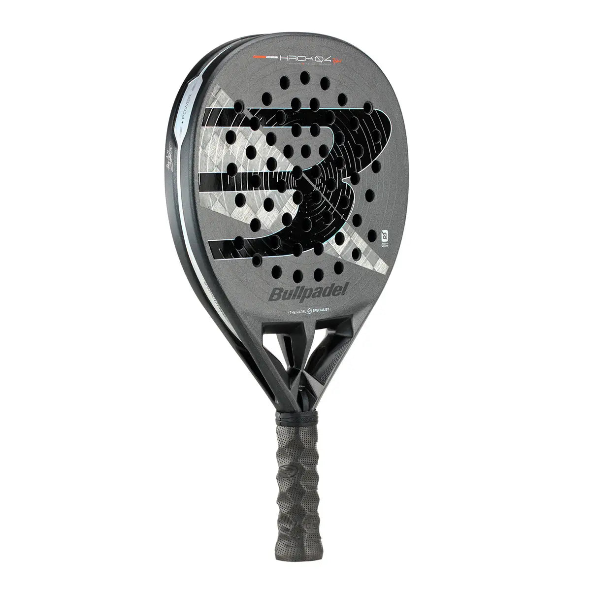 Bullpadel Hack 04 Hybrid padel racket from 2026 with a sleek design, featuring a hybrid shape and grip in a professional sports setting.