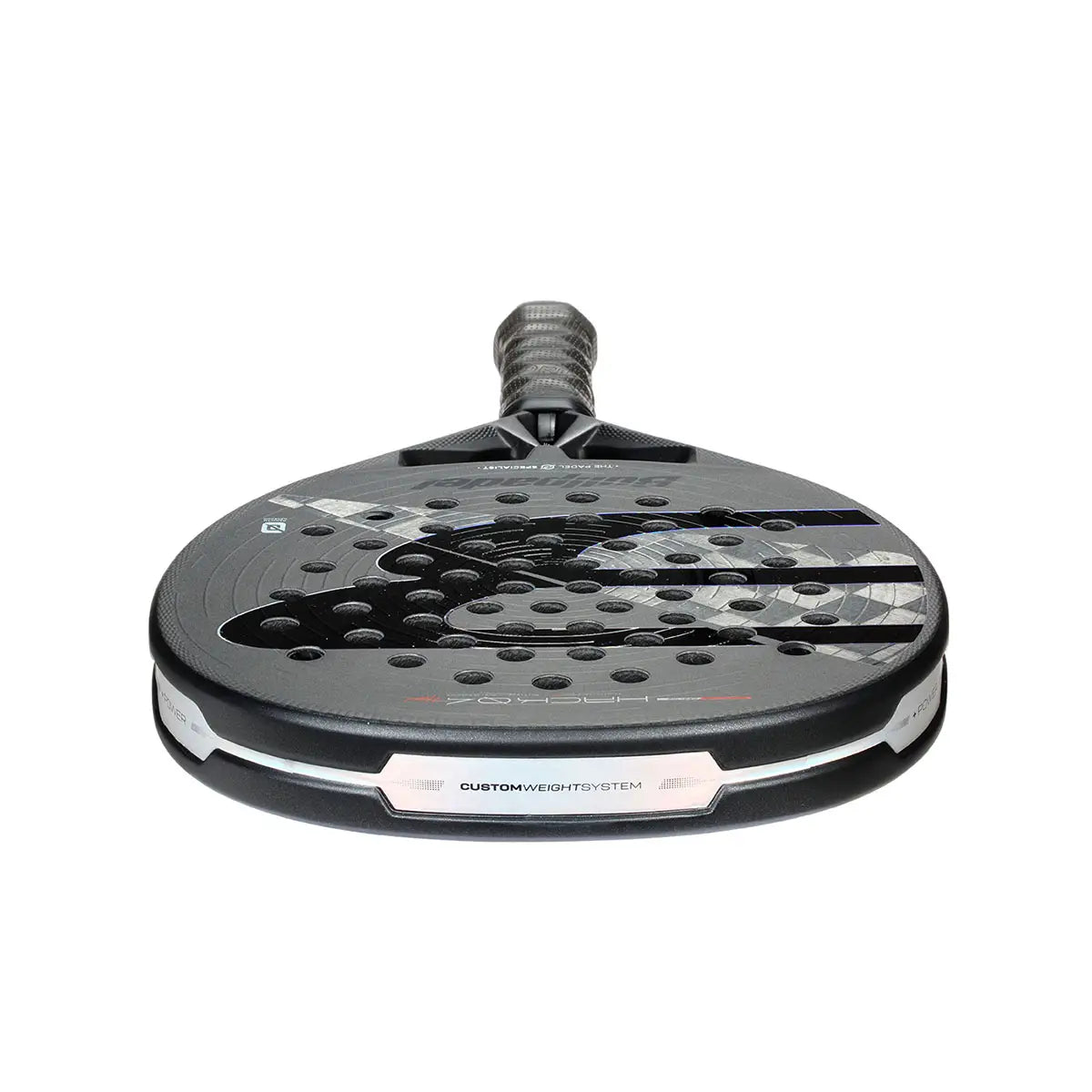 Bullpadel Hack 04 Hybrid padel racket 2026, black and red design with ergonomic grip and aerodynamic frame.