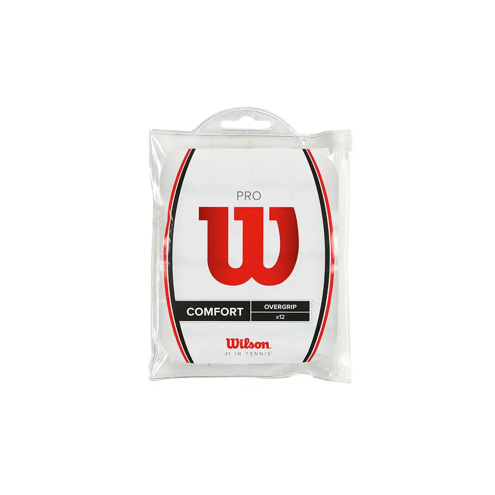 Wilson Pro Overgrip Comfort tennis grip pack in white, showing 12 individually wrapped overgrips for enhanced grip and comfort.