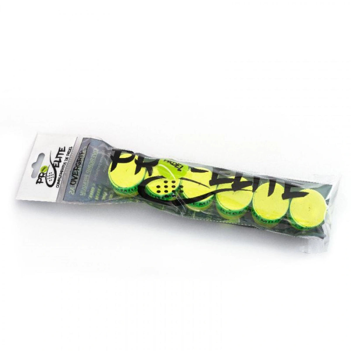 Six yellow PDLSport Pro Elite overgrips for tennis or badminton, shown in a neat pack with textured surface for grip.