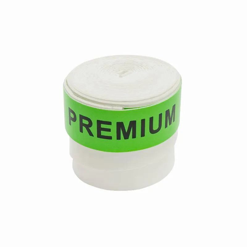 Six plain white Pro Elite Premium perforated tennis overgrips by PDLSport, showcasing their textured grip surface and packaging.