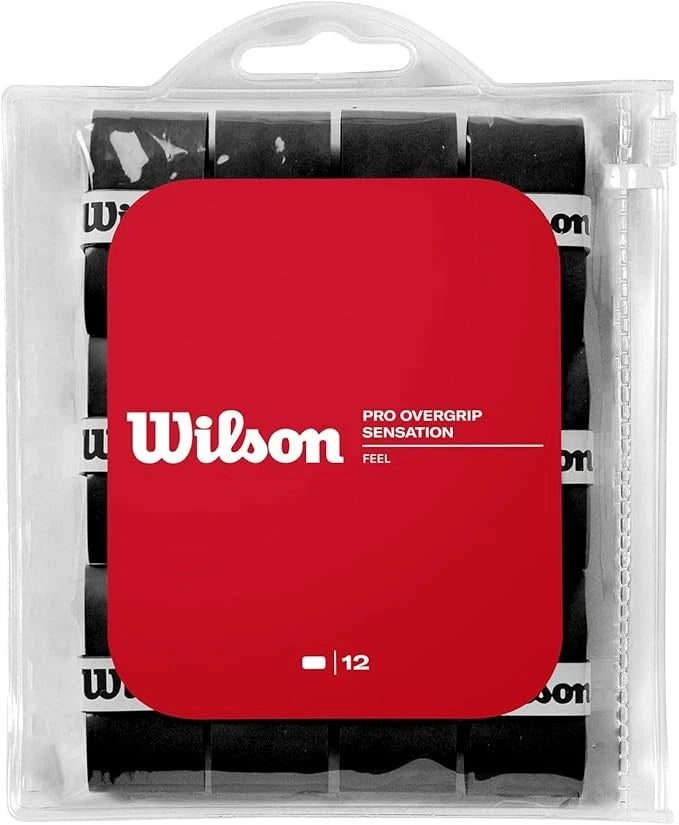 Wilson Pro Sensation Black tennis overgrip pack featuring 12 black grips for enhanced grip and control during play.