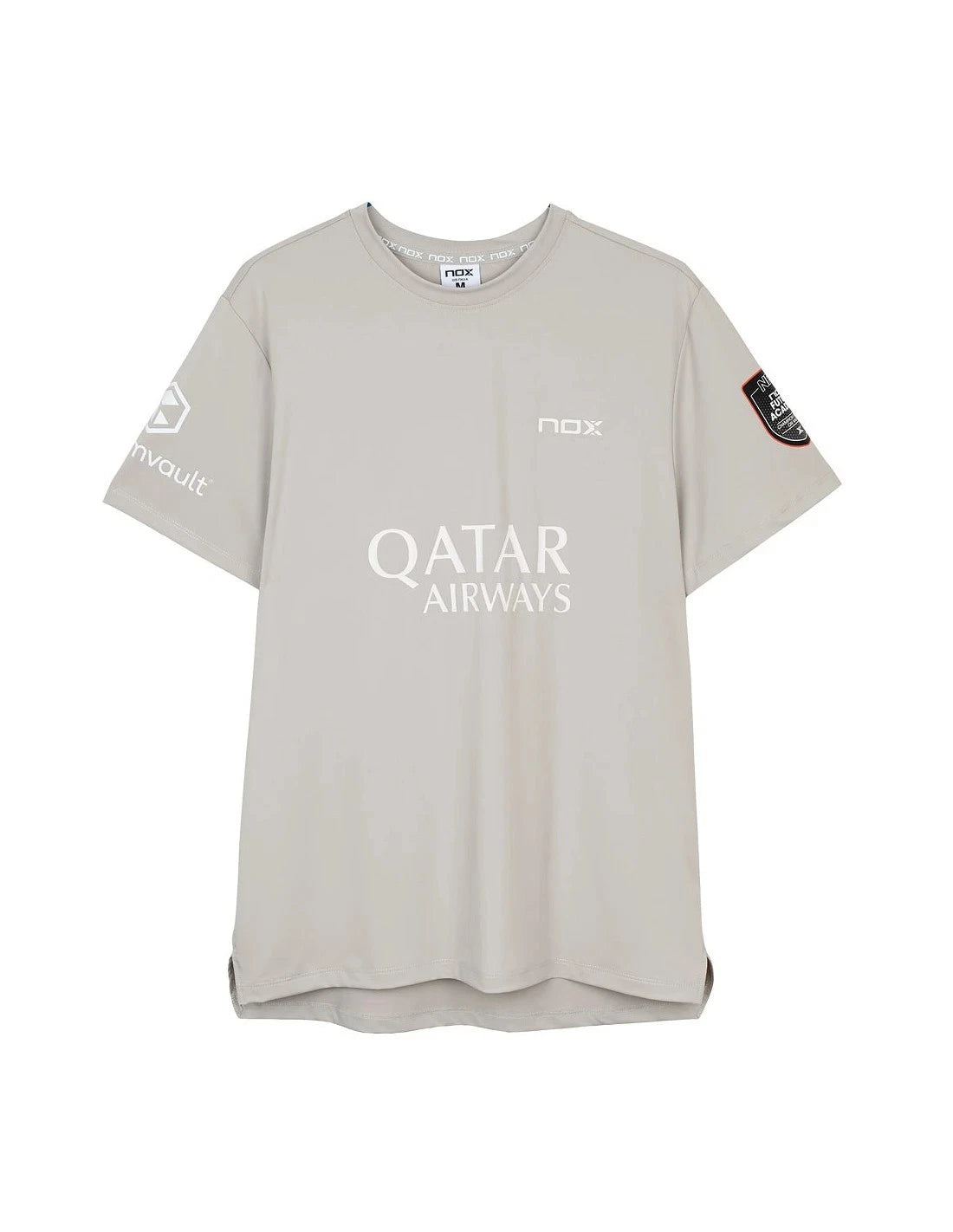 Light grey NOX AT10 Sponsors 25 T-shirt by PDLSport, displayed on a hanger, showcasing the front design and logo details.