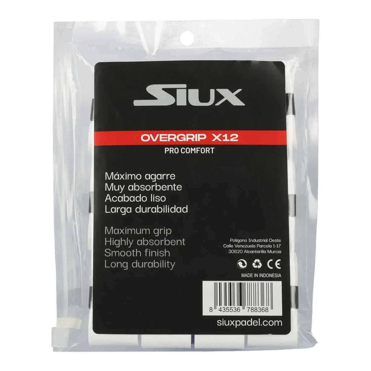 White Siux Pro Comfort X12 tennis overgrips by PDLSport, showing tightly wrapped grips with textured surface for enhanced grip.