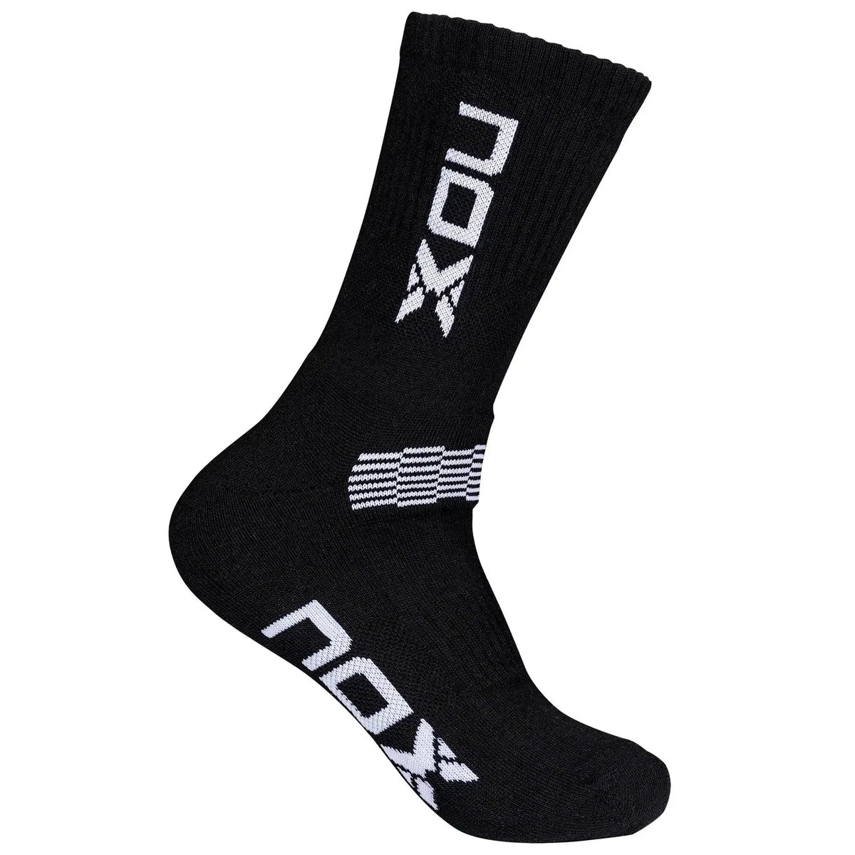 Black NOX Technical Half-Calf Padel Socks by PDLSport, size 6-12, shown on a foot with breathable fabric and reinforced areas.