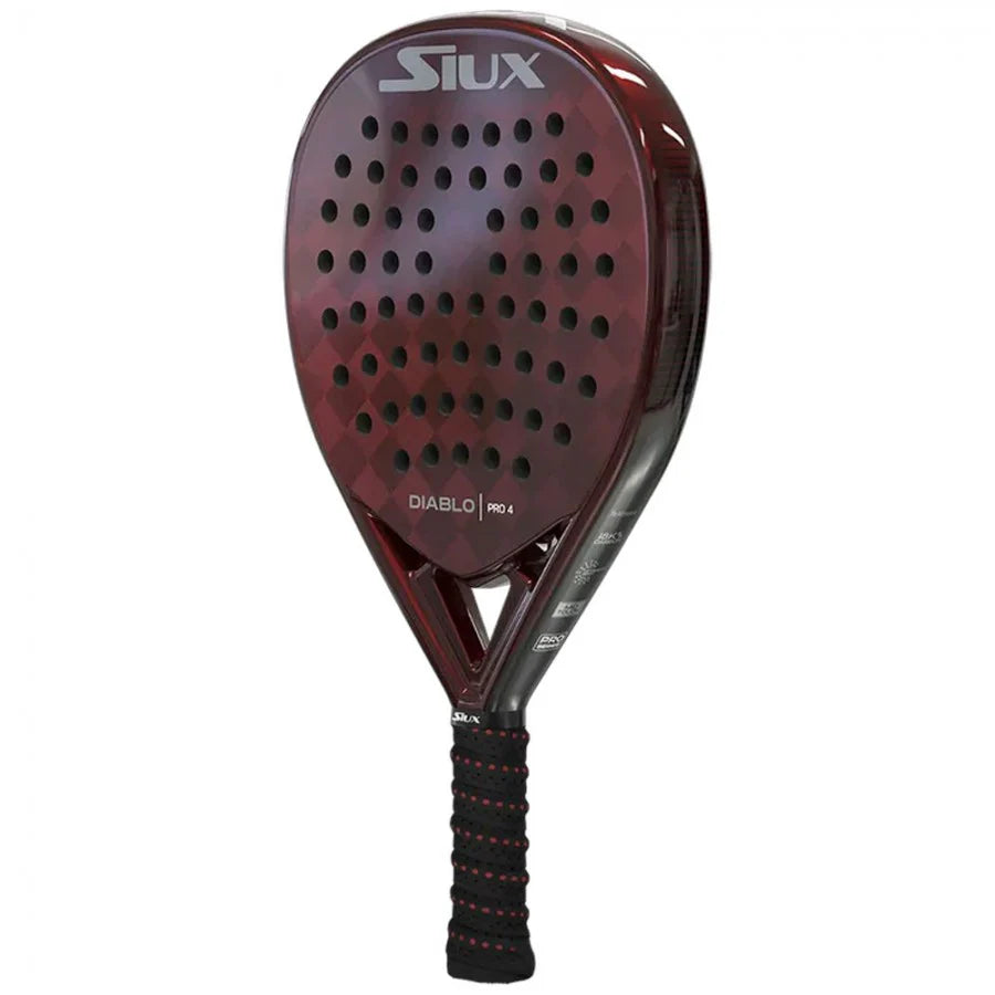 Siux Diablo Pro 4 2025 padel racket with black and white design, featuring a sleek, aerodynamic shape and textured surface.