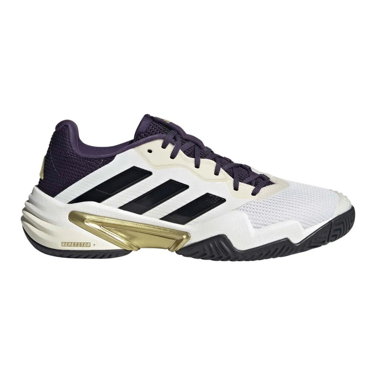 Adidas Barricade white and purple padel shoes for juniors, size 9.5 UK, featuring the ADIDAS BARRICADE design.